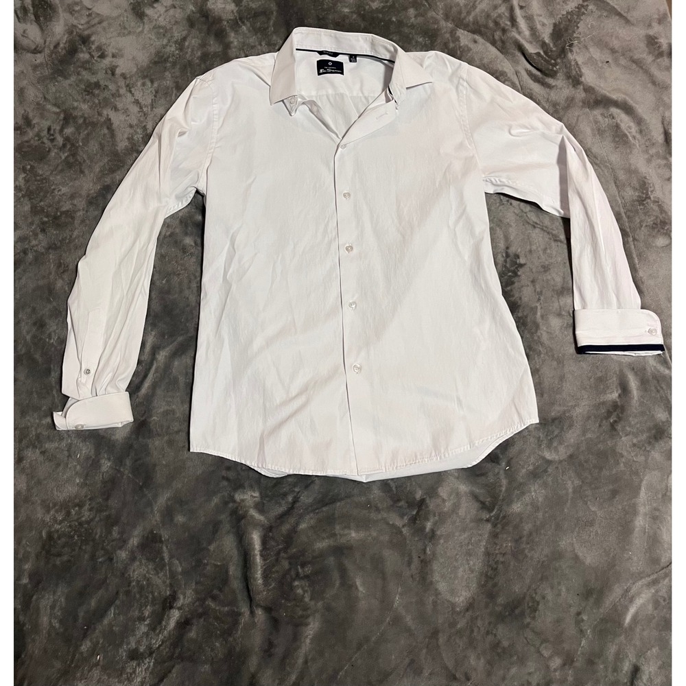 Ben Sherman Mens Slim Fit White Dobby Long Sleeve Button Down Dress Shirt M 15.5